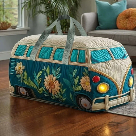 RjnShan Hippie Van Quilted Duffle Bag, Boho Travel Weekender Bag with Adjustable Strap, Retro 3D Car Compact Embroidered Travel Bag 16×8 Inch