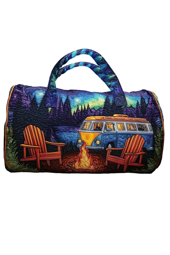 Hippie Van Quilted Duffle Bag, Boho Travel Weekender Bag with Adjustable Strap, Retro Style for Everyday Travel 18×9 Inch