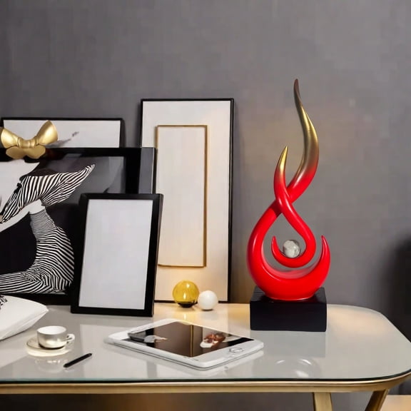 RjnShan Modern Abstract Art Table Decor 11.2" Collectible Resin Flame Statue Modern Red,Black,Gold Centerpiece Ornaments for Living Room Great Gift Idea Home Decor