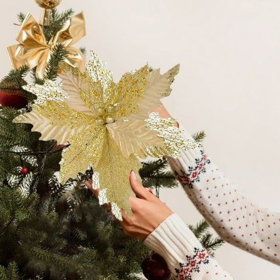 Rkxzt 14.57" Large Glitter Poinsettia Flowers Stems Clips Velvet Floral Picks Christmas Flowers Christmas Tree Ornaments Wreath Garland Decoration, Gold
