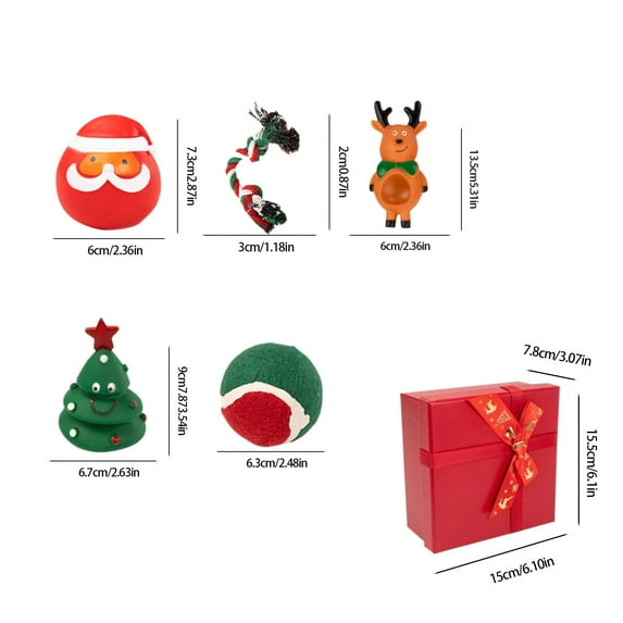 Rkxzt Animal Teeth Products Christmas Dog Toy Gift Box Teething Chew Set with Santa Tree Deer Rope Ball 5-Piece,Holiday Products|Rubber,Red