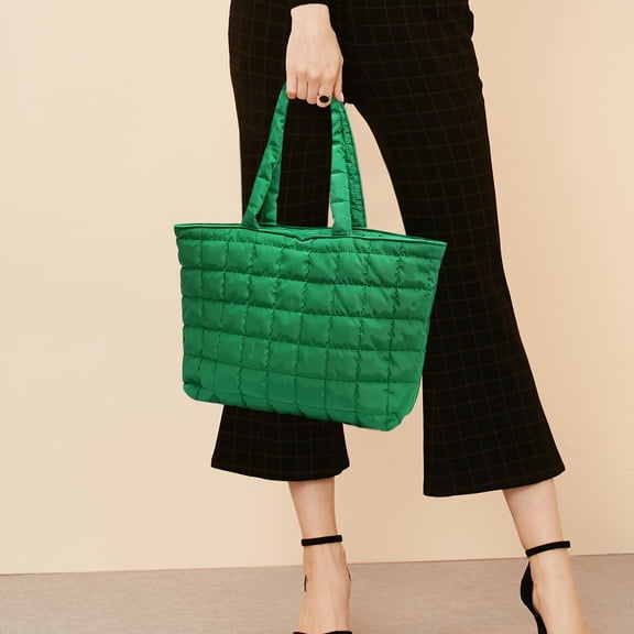 Rkxzt Bags CoCopeaunt Quilted Puffer Tote Bag for Women Lightweight Nylon Large Shoulder Handbag with Zipper Closure Tools/Office|Non-Woven Fabric,Green