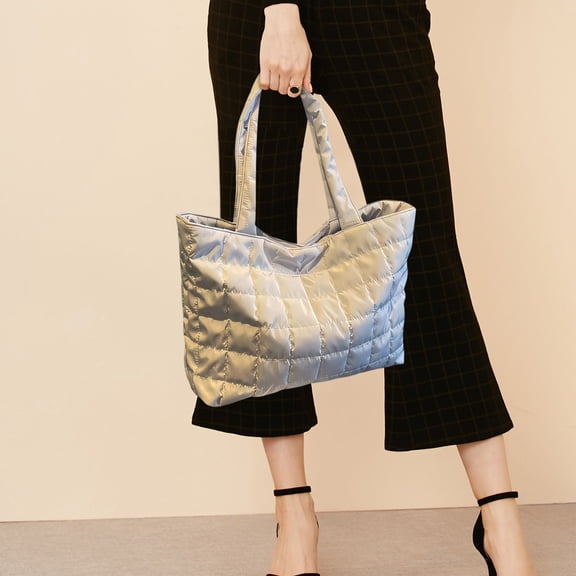 Rkxzt Bags CoCopeaunt Quilted Puffer Tote Bag for Women Lightweight Nylon Large Shoulder Handbag with Zipper Closure Tools/Office|Non-Woven Fabric,White