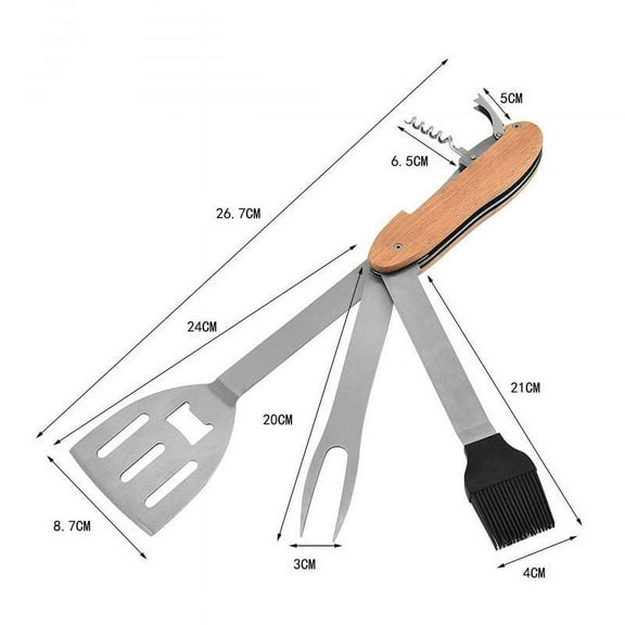 Rkxzt Bbq Fork Brush,Stainless Steel 5-in-1 BBQ Multi Tool Set with Spatula Fork Brush Corkscrew Bottle Opener Folding Compact Outdoor Grilling