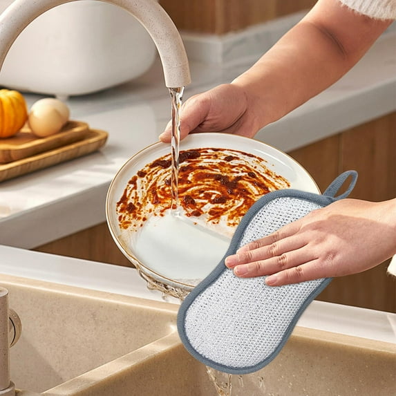 Rkxzt Double-Sided Dishwashing Scouring Pad Bamboo Fiber Sponge Cloth for Dishes, Double-Sided Kitchen Cleaning Scrubber with Silver Wire, 4-Pack Household