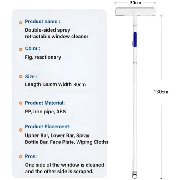 Rkxzt Mop Telescopic Window Squeegee Cleaner Tool with Spray Function Double Sided Scraper and Microfiber Pads 115cm Long Handle Household