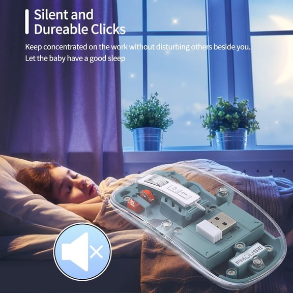 Rkxzt Mouse Wireless Bluetooth Transparent Mouse with Rechargeable Battery 4 DPI Levels Silent Click Tools/Office|Plastic,Blue