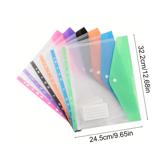 Rkxzt Pla Stic File Pouch,A4 Loose Leaf File Pouch 11-Hole Plastic Document Storage Bag with Snap Button 12.59x9.64 Inch Multicolor,Home Office