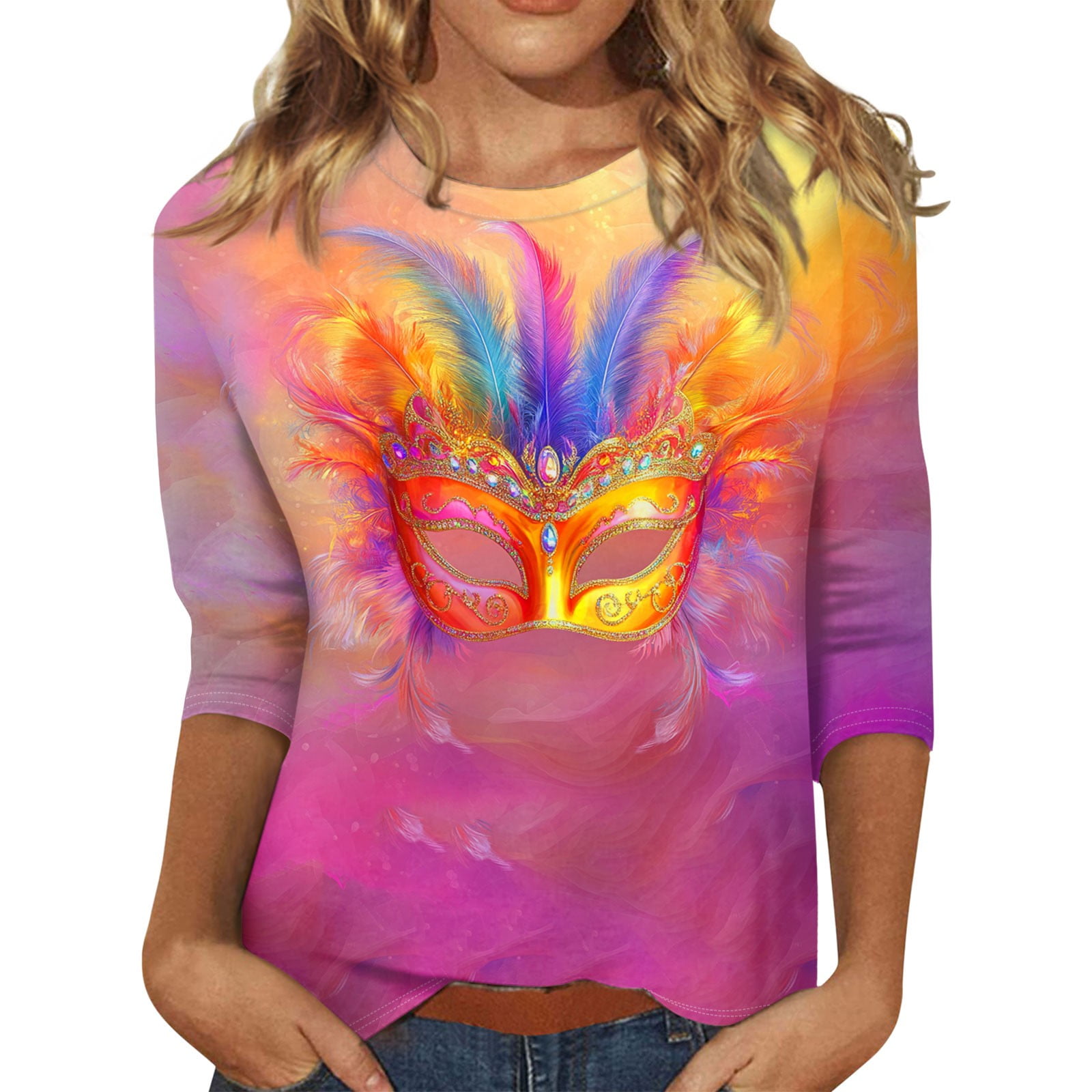 Rlmidhb 2025 Mardi Gras T Shirts for Women Mardi Gras Mask Cotton Loose