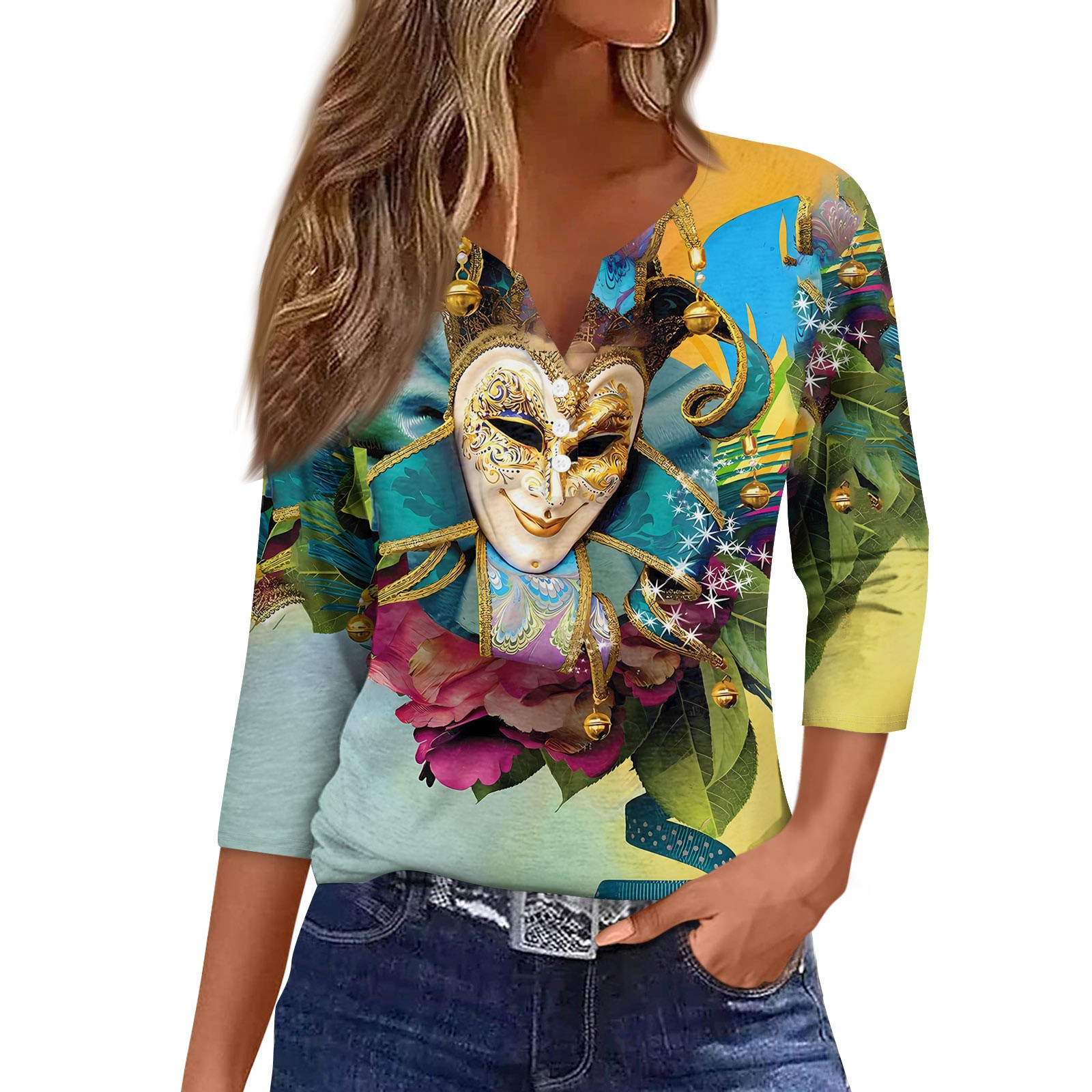 Rlmidhb 2025 Mardi Gras T Shirts for Women Blue Mardi Gras Mask Cotton