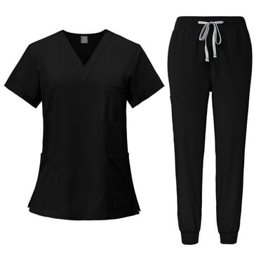 Rlmidhb 2025 Scrubs Sets for Women Black Basic Quick Dry Solid Color Short Sleeve Nurse Uniform V Neck Jogger Scrubs with Pockets