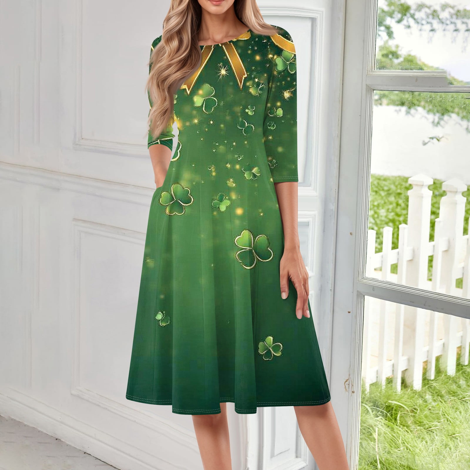 Ainuno St Patrick's Day Dress For Women - Shamrock Print Green Irish Outfit, Short Sleeve Clover Dress, Size L/XL
