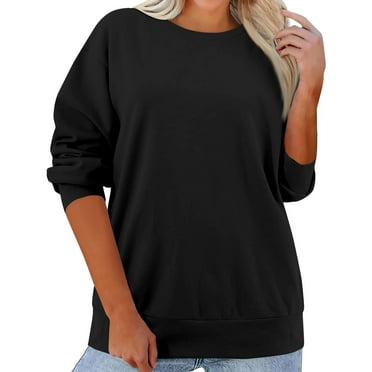 Rlmidhb 2025 Sweatshirts for Women Basic Black Long Sleeve Solid Color Long Loose Pullover Tops Round Neck Fleece Sweatshirt