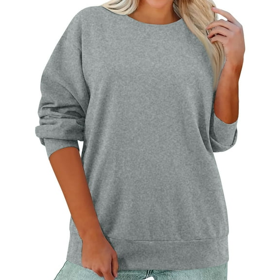 Rlmidhb 2025 Sweatshirts for Women Basic Gray Long Sleeve Solid Color Long Loose Pullover Tops Round Neck Fleece Sweatshirt