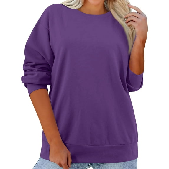 Rlmidhb 2025 Sweatshirts for Women Basic Purple Long Sleeve Solid Color Long Loose Pullover Tops Round Neck Fleece Sweatshirt