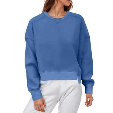 Rlmidhb 2025 Sweatshirts for Women Fall Basic Blue Solid Color Long Long Sleeve Pullover Tops Fleece Lightweight Cotton Round Neck Sweatshirt