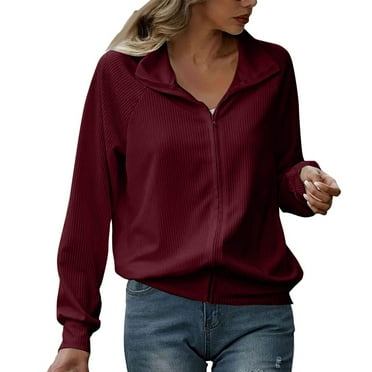Rlmidhb Basic Full Zip Up Sweatshirts for Women 2025 Red Loose Long Sleeve Long Solid Color Jackets Zip up Knit Ribbed Winter Coats
