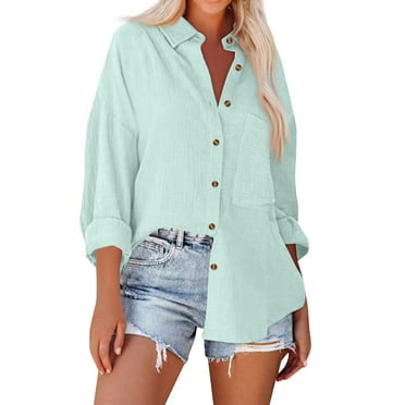 Rlmidhb Basic Spring Fall Button Down Shirts for Women 2025 Blue Button Down Long Sleeve Solid Color Long Loose Dress Shirts Pleated Collared Casual Work Blouses