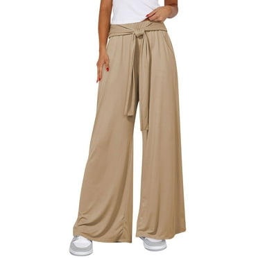 Rlmidhb Beige 2025 High Waisted Wide Leg Pants for Women Basic Lace Solid Color Wide Leg Baggy Lounge Pants Knit Ribbed Spandex Tie Back Comfy Flowy Palazzo Pants Fall 2024 with Pockets