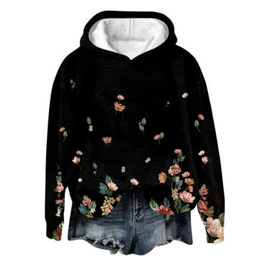 Rlmidhb Black Hoodies for Women Long Hooded Floral Print Long Sleeve Hooded Sweatshirts Sweat Fleece Pullover