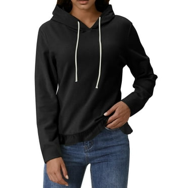 Rlmidhb Black Hoodies for Women Long Sleeve Hooded Long Letter Print Hooded Sweatshirts Fleece Cute Drawstring Sweat Teen Girl Pullover