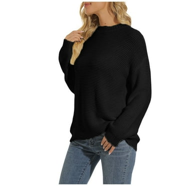 Rlmidhb Black Knit Sweaters for Women Basic Long Solid Color Sweater Long Sleeve Sweat Pullover Tops