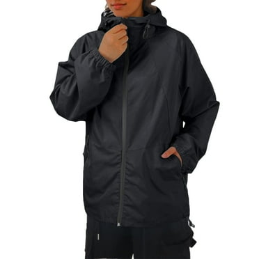 Rlmidhb Black Rain Jacket for Women Long Long Sleeve Solid Color Basic Waterproof Windbreaker Hooded Rain Coats Outerwear Windbreaker Jackets