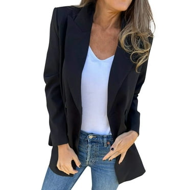 Rlmidhb Blazers for Women Black Basic Button Down Solid Color Long Sleeve Long Suit Jackets Business Dress Suit Double Breasted Work Office Blazer