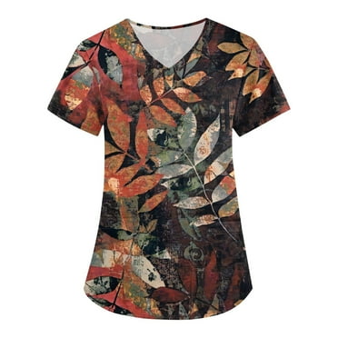 Rlmidhb Brown Plus Size Scrub Tops for Women Nurse Uniform Stretch Polyester Lightweight Cotton V Neck Nurse Scrubs with Pockets
