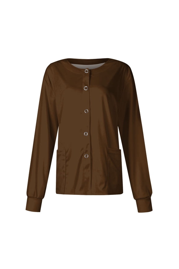 Brown Scrub Jackets for Women Plus Size Button Down Basic Long Sleeve Solid Color Long Nurse Uniform Band Collar Stretch Polyester Lightweight Cotton Nurse Scrubs
