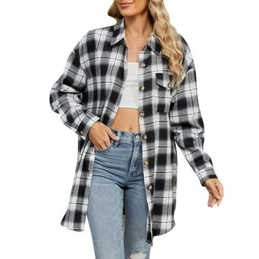 Rlmidhb Flannel Shirt for Women Loose Black Button Down Plaid Print Long Jackets Long Sleeve Collared Shacket Jacket with Pockets
