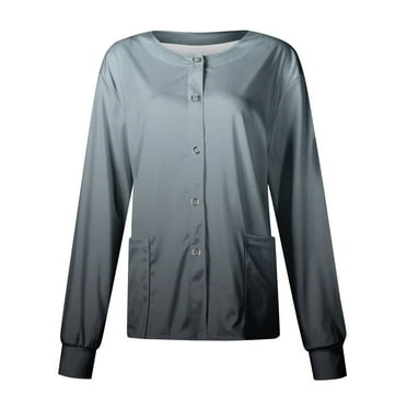 Rlmidhb Gray Scrub Jackets for Women Long Sleeve Button Down Gradient Long Nurse Uniform Open Front Stretch Polyester Lightweight Cotton Nurse Scrubs with Pockets