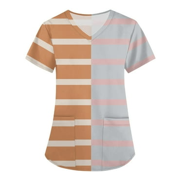 Rlmidhb Gray Scrub Tops for Women Striped Nurse Uniform Stretch Polyester Lightweight Cotton V Neck Nurse Scrubs with Pockets