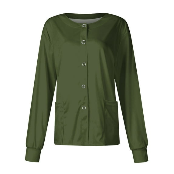 Rlmidhb Green Scrub Jackets for Women Plus Size Button Down Basic Long Sleeve Solid Color Long Nurse Uniform Band Collar Stretch Polyester Lightweight Cotton Nurse Scrubs