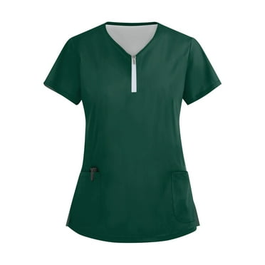 Rlmidhb Green Scrub Tops for Women Basic Solid Color Nurse Uniform Half Zip Up Zip up Nurse Scrubs
