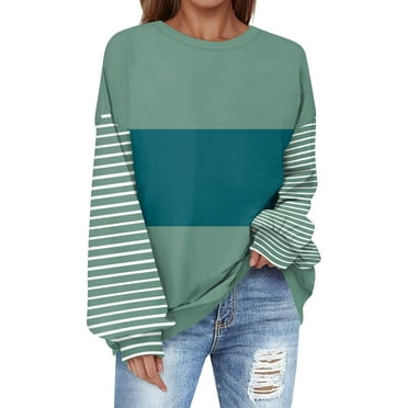 Rlmidhb Green Sweatshirts for Women Long Color Block Long Sleeve Pullover Tops Fleece Sweat Sweatshirt