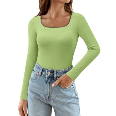 Rlmidhb Green T Shirts for Women Long 2025 Color Block Long Sleeve Slim Fit Graphic Tees Scoop Neck Knit Ribbed Tops