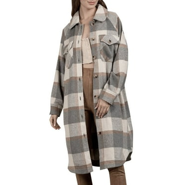 Rlmidhb Knit Ribbed Flannel Shirt for Women Gray Long Winter Plaid Print Jackets Long Sleeve Collared Shacket Jacket with Pockets