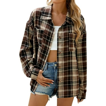 Rlmidhb Knit Ribbed Flannel Shirt for Women Plaid Print Button Down Loose Brown Long Jackets Collared Long Sleeve Shacket Jacket with Pockets