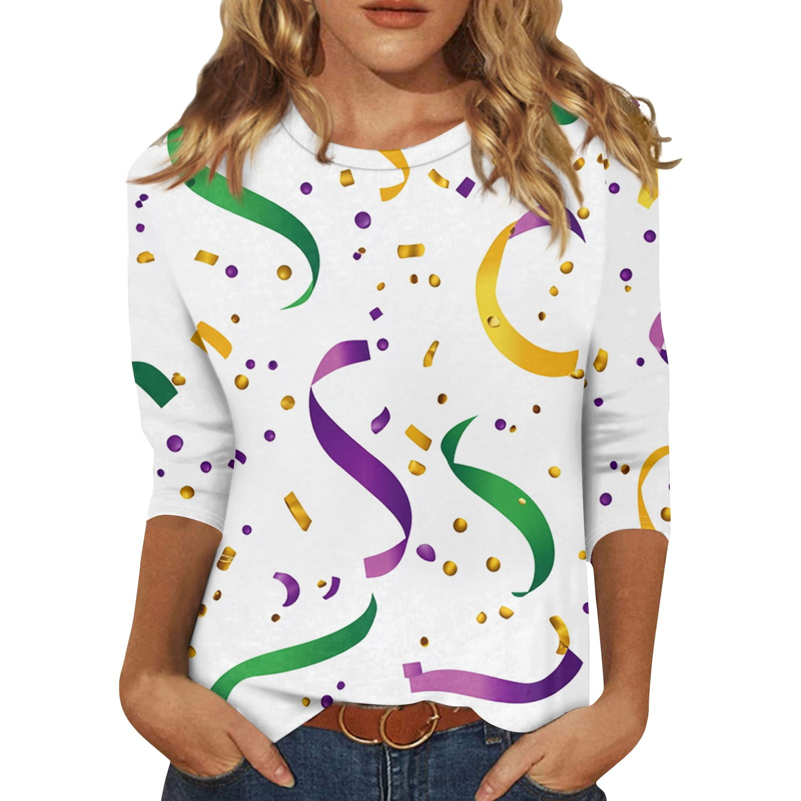 Rlmidhb Mardi Gras 2025 3/4 Sleeve Shirts for Women Cotton Mardi Gras