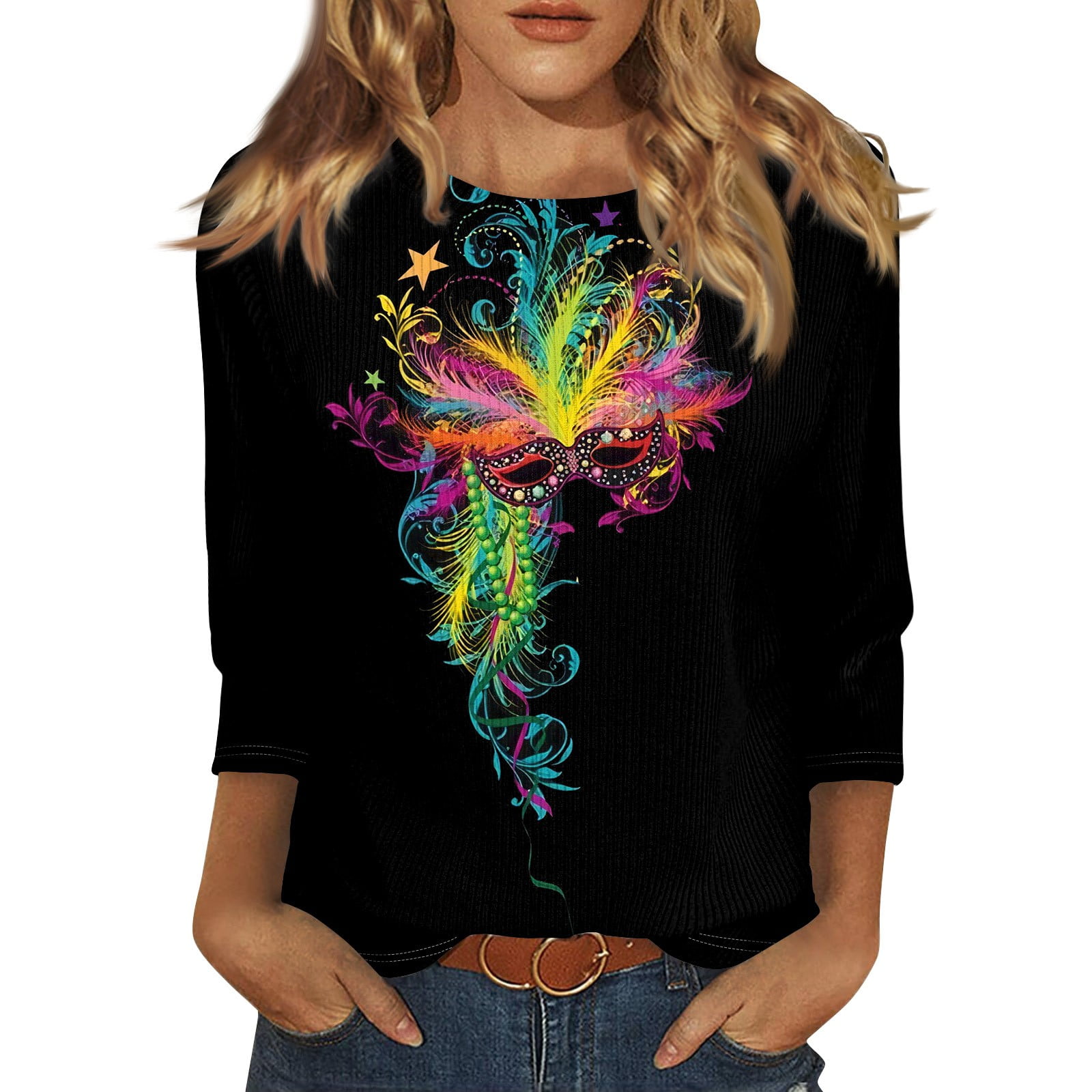 Rlmidhb Mardi Gras 2025 T Shirts for Women Multicolor Mardi Gras Mask