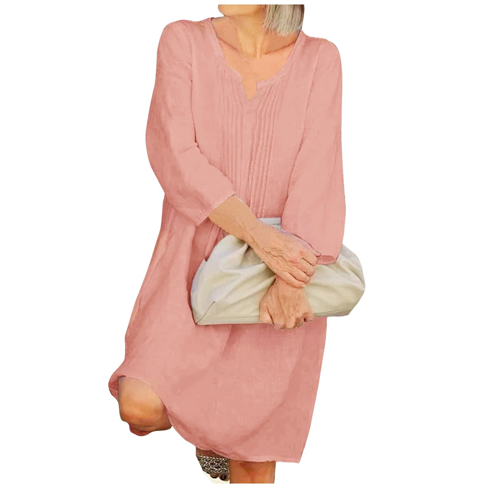 Rlmidhb Pink Cotton Linen Casual Dresses for Women Trendy Solid Color ...