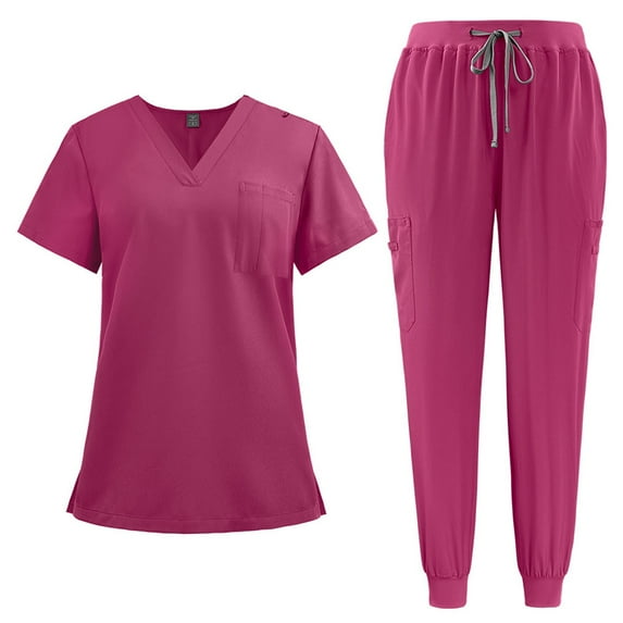 Rlmidhb Pink Scrubs Sets for Women Plus Size Quick Dry Short Sleeve Basic Solid Color Nurse Uniform V Neck Jogger Scrubs with Pockets