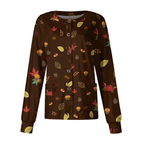 Rlmidhb Plus Size Scrub Jackets for Women Brown Button Down Long Long Sleeve Nurse Uniform Lightweight Cotton Open Front Stretch Polyester Nurse Scrubs