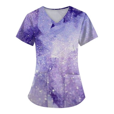 Rlmidhb Purple Scrub Tops for Women Floral Print Short Sleeve Nurse Uniform Stretch Polyester V Neck Lightweight Cotton Nurse Scrubs with Pockets