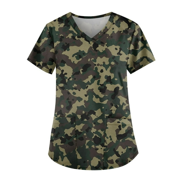 Rlmidhb Scrub Tops for Women 2025 Green Camo Nurse Uniform V Neck Nurse Scrubs with Pockets