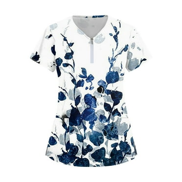 Rlmidhb Scrub Tops for Women Blue Floral Print Nurse Uniform Half Zip Up Zip up Nurse Scrubs