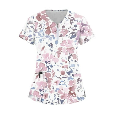 Rlmidhb Scrub Tops for Women Pink Floral Print Nurse Uniform Half Zip Up Zip up Nurse Scrubs