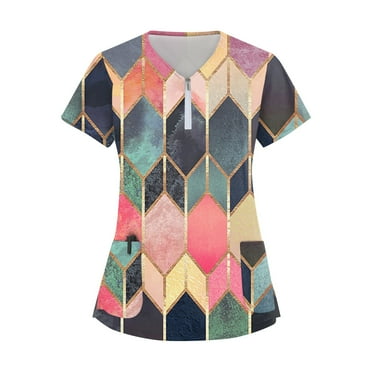 Rlmidhb Scrub Tops for Women Pink Geometric Print Nurse Uniform Half Zip Up Zip up Nurse Scrubs