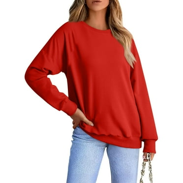 Rlmidhb Sweatshirts for Women 2025 Red Basic Loose Solid Color Pullover Tops Fleece Sweatshirt
